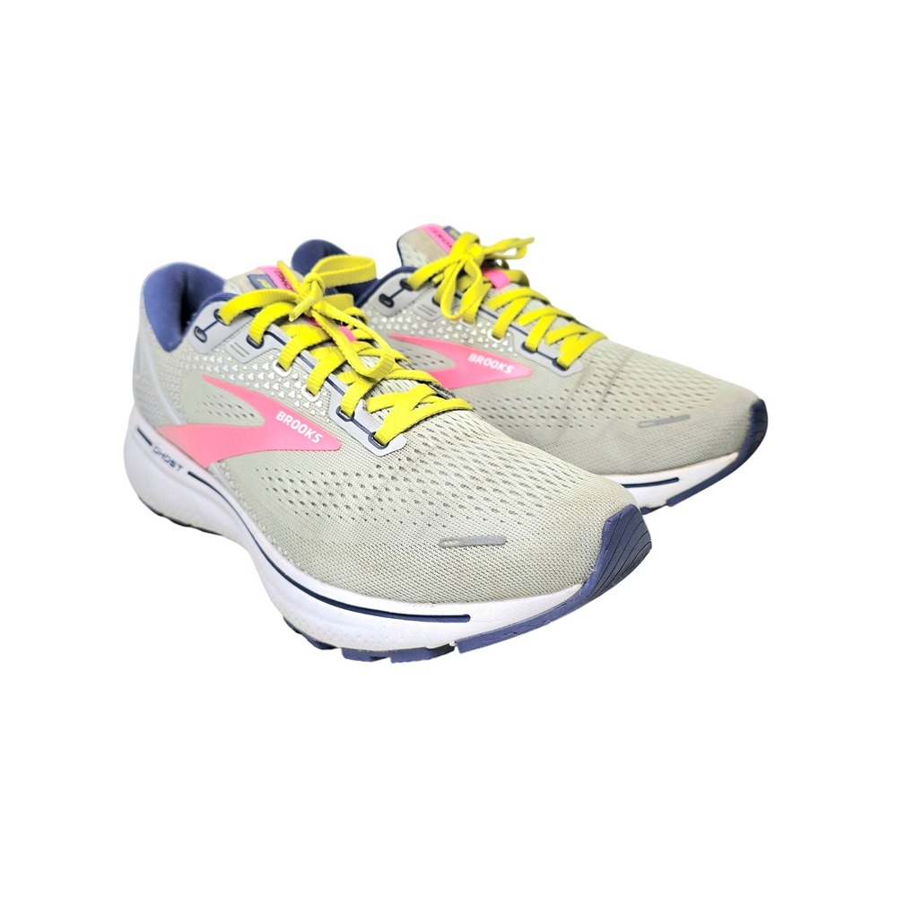 Brooks Women's Ghost 14 Running Shoes Grey Pink Yellow Athletic Sneakers 10.5
